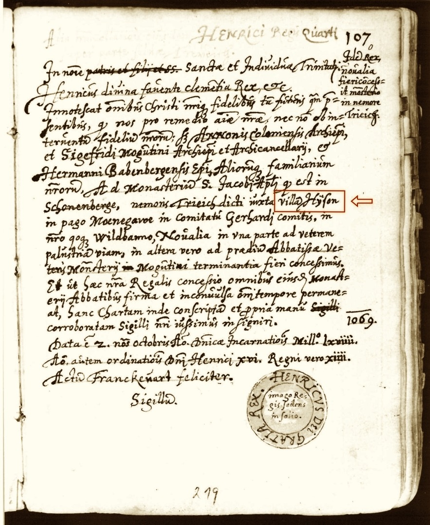 Abschrift der Urkunde vom 6 Oktober 1069 - siehe Markierung