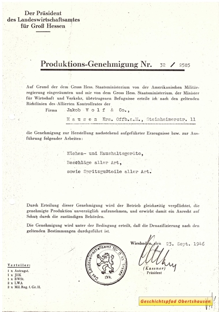 Produktionsgenehmigung für Werk Hausen, September 1946