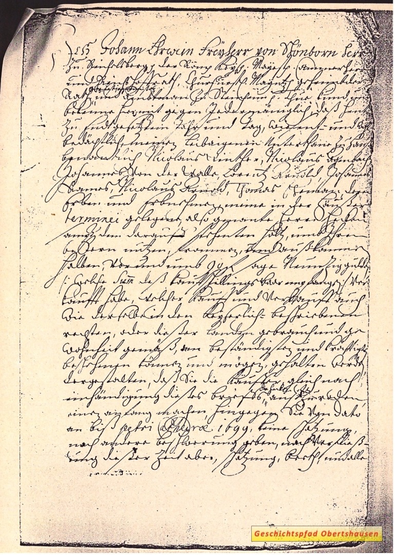 Urkunde von 1693 über den Verkauf des Flurstücks Herrn-Hecke durch Johann Erwein von Schönborn an Hausener Bürger