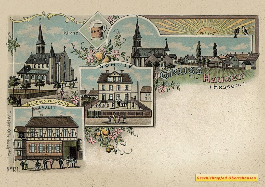 Postkarte mit Motiv der Alten Schule und des Wirtshauses „Sonne“, um 1900
