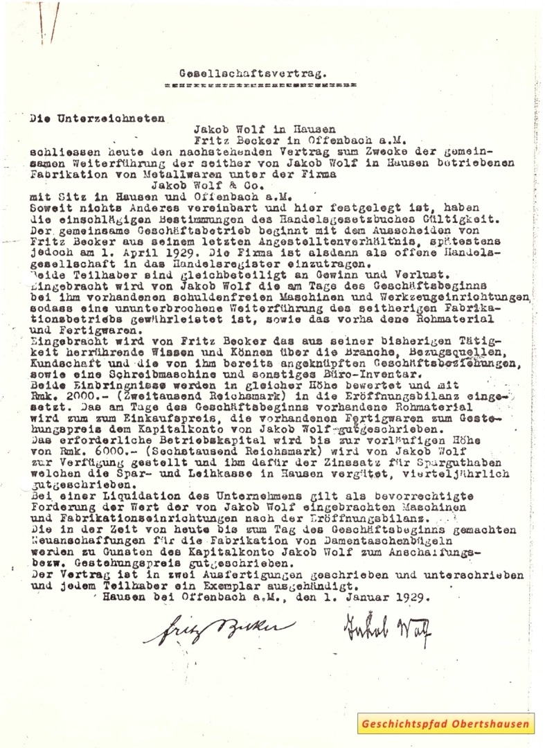 Gesellschaftervertrag von 1929 zwischen Jakob Wolf und Fritz Becker