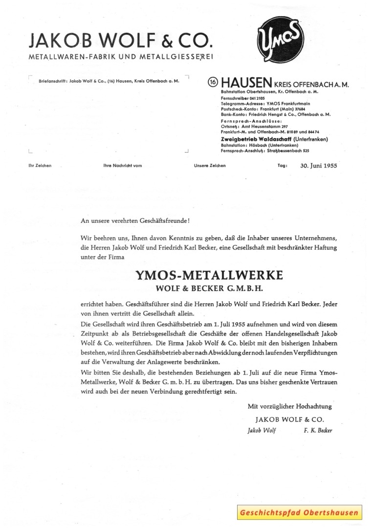 Umfirmierung in YMOS-Metallwerke Wolf und Becker GmbH