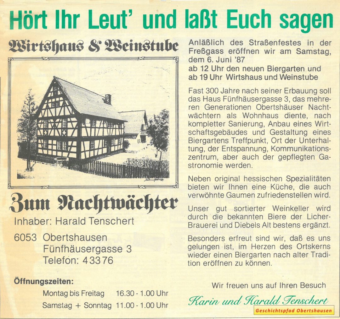 Anzeige zum Straßenfest für die Eröffnung des neuen Wirtshauses mit Biergarten, Pfingsten 1987