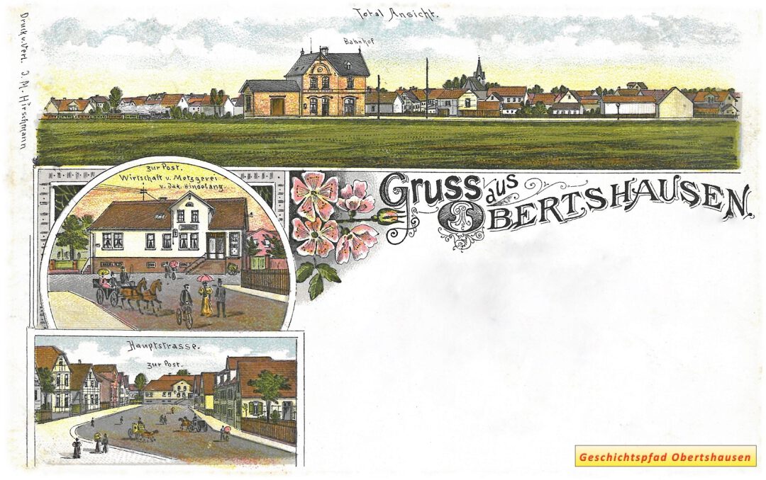 Postkarte Obertshausen Panorama mit Bahnhof und alter Post Poststempel 19.06.1899