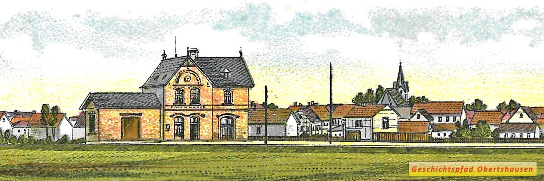 Obertshausen Panorama mit Bahnhof und alter St. Nikolaus-Kirche. Lithografie aus Postkarte um 1900, Poststempel vom 19.06.1899