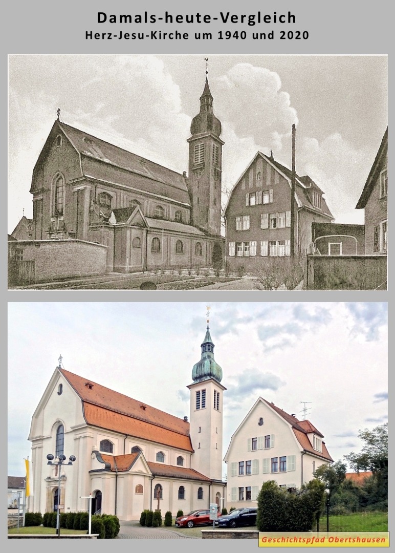 Herz-Jesu-Kirche mit Pfarrhaus um 1940 und 2020